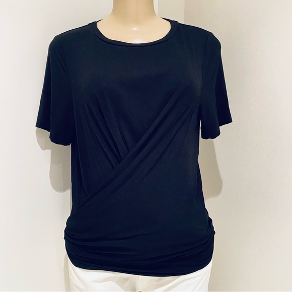 DONNA KARAN  BLACK BANDED WRAP TOP. - Picture 2 of 8